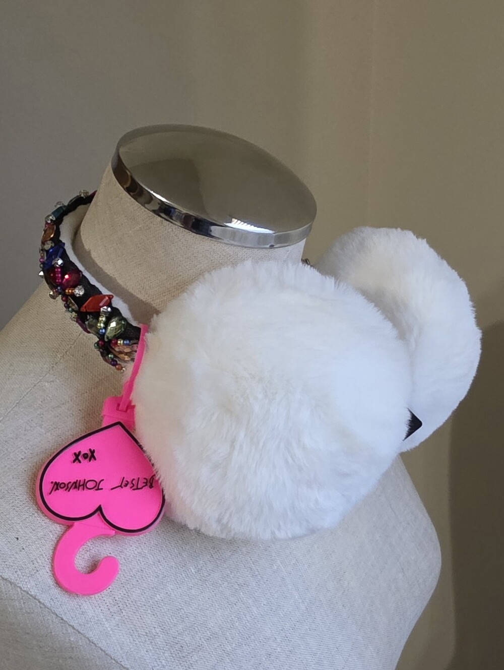 Betsey Johnson White Faux Fur Fuzzy Embellished Winter Ear Muffs One Size